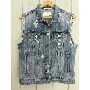 Rag & Bone/JEAN Distressed Denim Vest M Medium Tattered Pockets Collar
